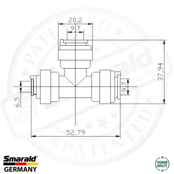 T - Fitting Adapter Verbindungsstück 1/4" - 3/8" - 3/8" Zoll Zeichnung