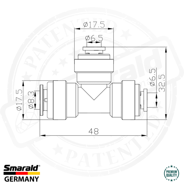 T - Fitting Adapter Verbindungsstück 5/16" - 5/16" Zoll Zeichnung
