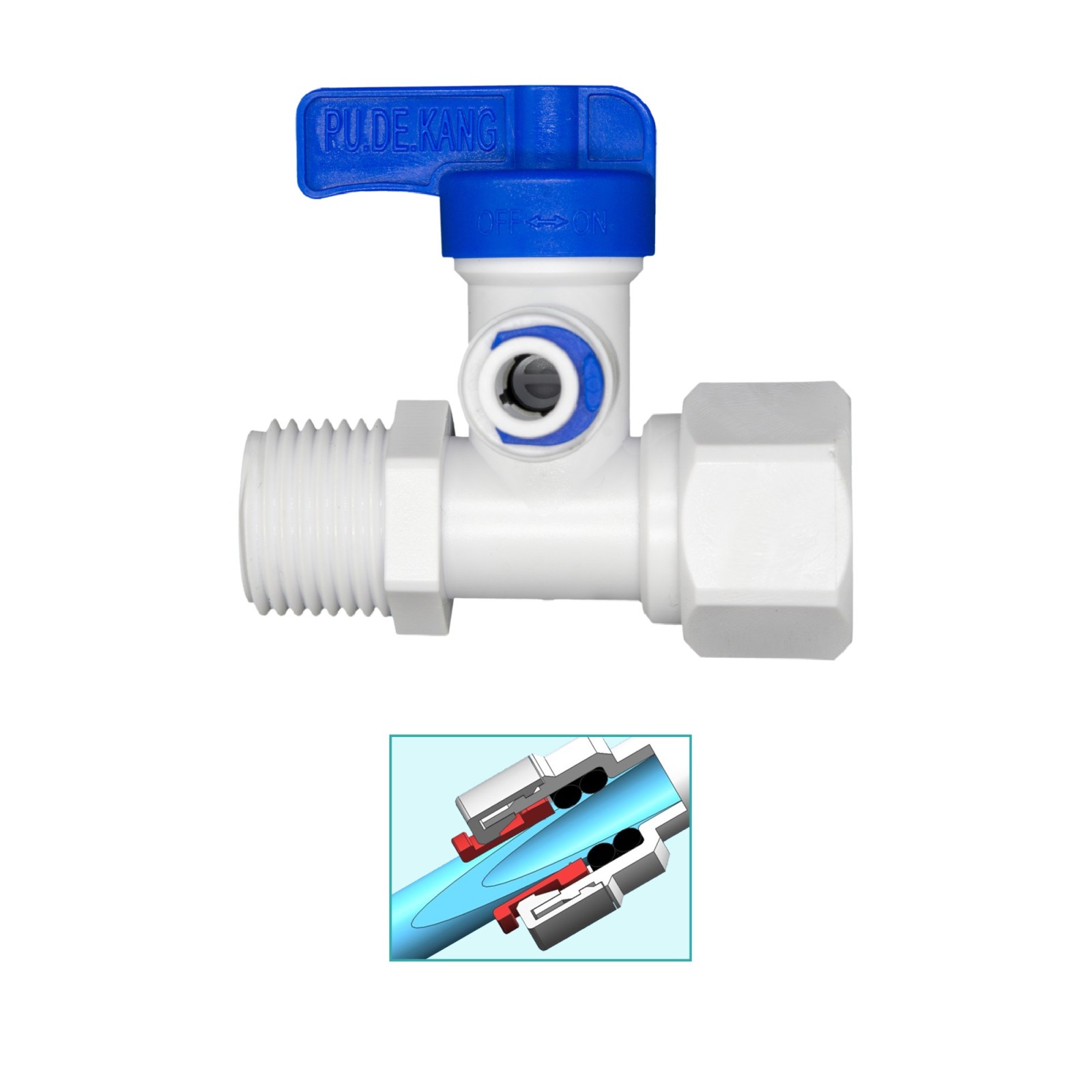 Ters ozmoz su arıtma sistemleri için açma-kapama vanalı 1/2" T bağlantı parçası