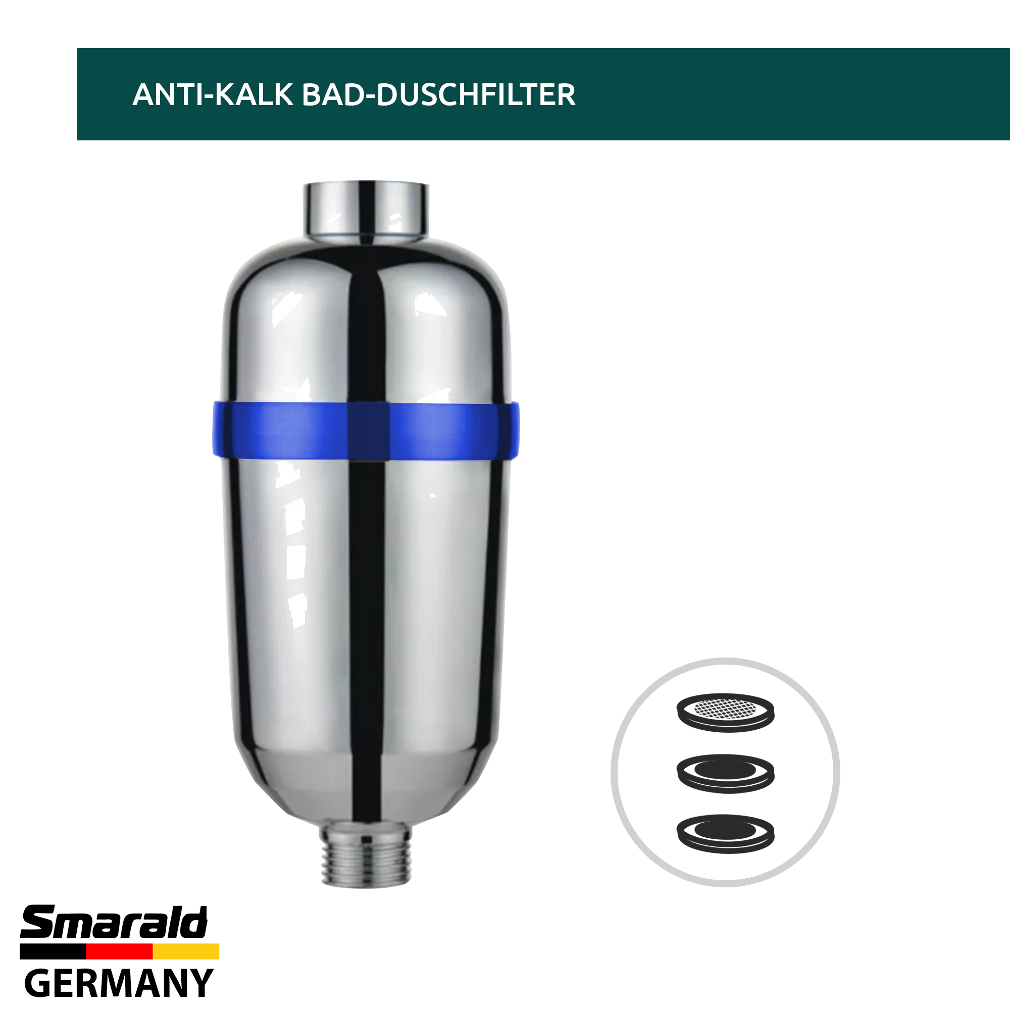 Smarald Anti-Kalk Bad- und Duschfilter DF-007 verchromt mit blauem Ring