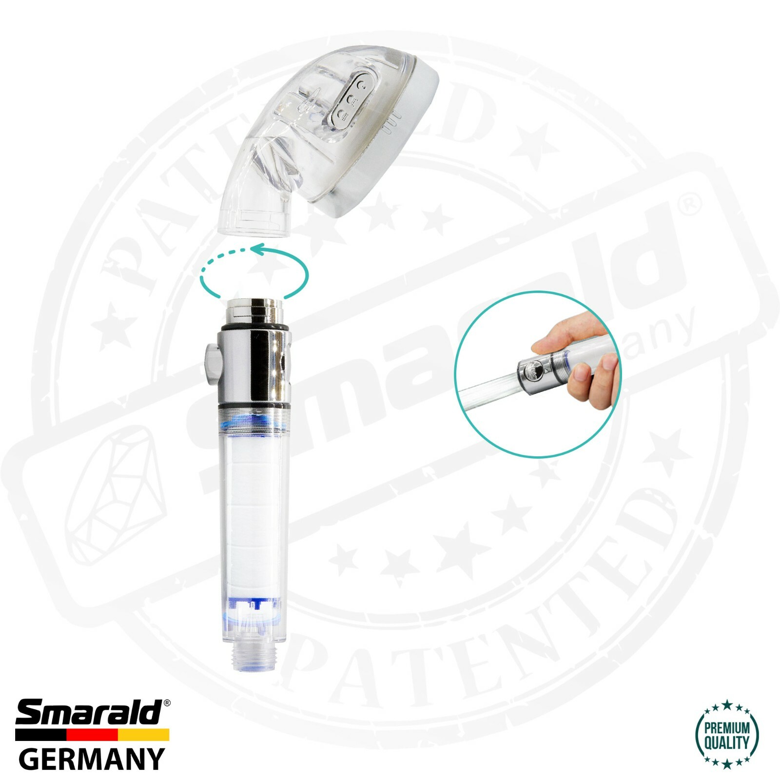 Filter shower head with Aquastop, turbo jet and replaceable filter