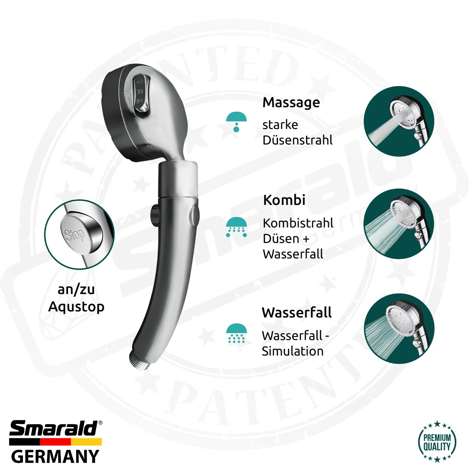 Multifunktions-Handbrause 360° mit Aquastop und Turbostrahl