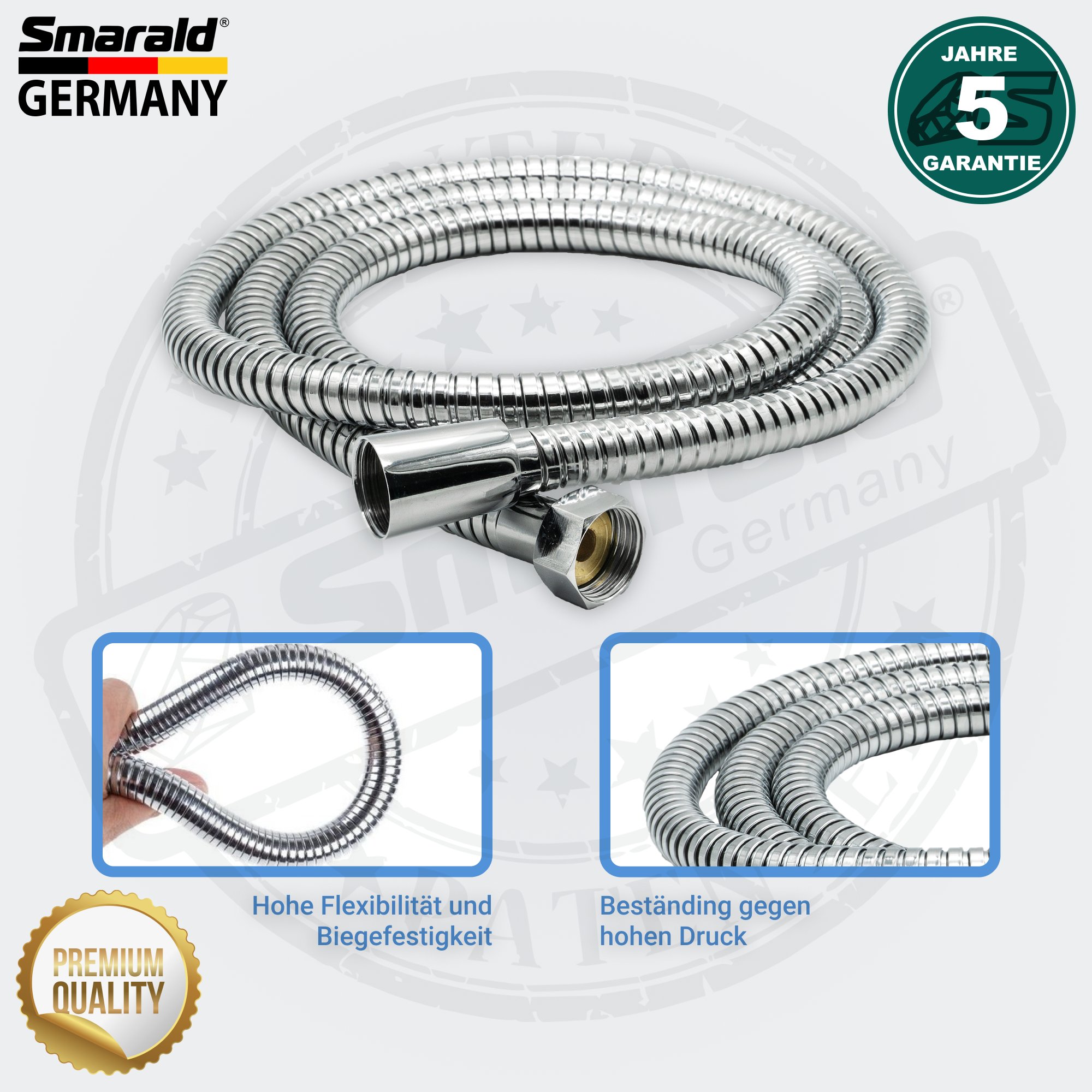 Duschschlauch 2 m. aus Edelstahl Premium Qualität 1/2" (DN 15) mit Verdrehschutz von Smarald® Germany