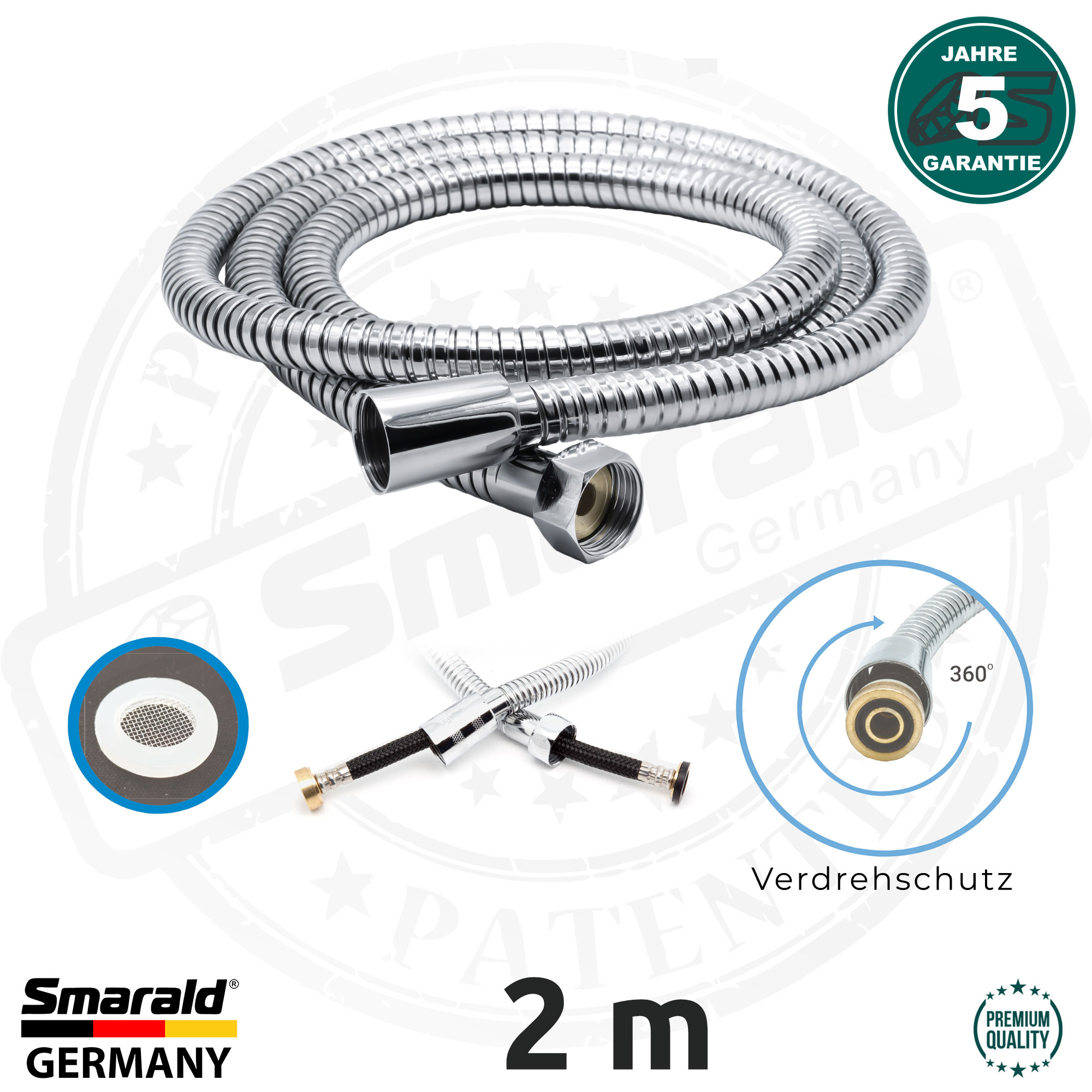 Duschschlauch 2 m. aus Edelstahl gepanzert Premium Qualität 1/2" (DN 15)