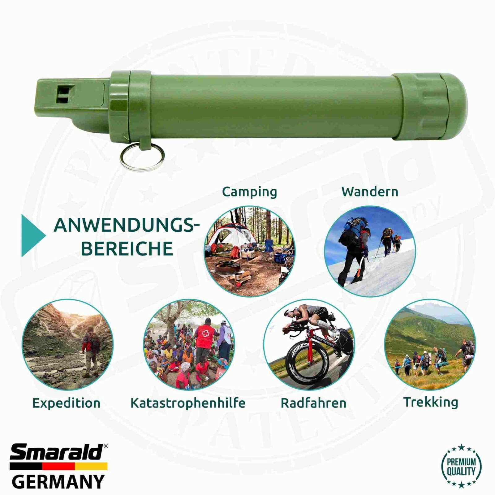 Outdoor-Wasserfilter Trinkhalm mit 0,1 µm Membran, Kompass und Pfeife