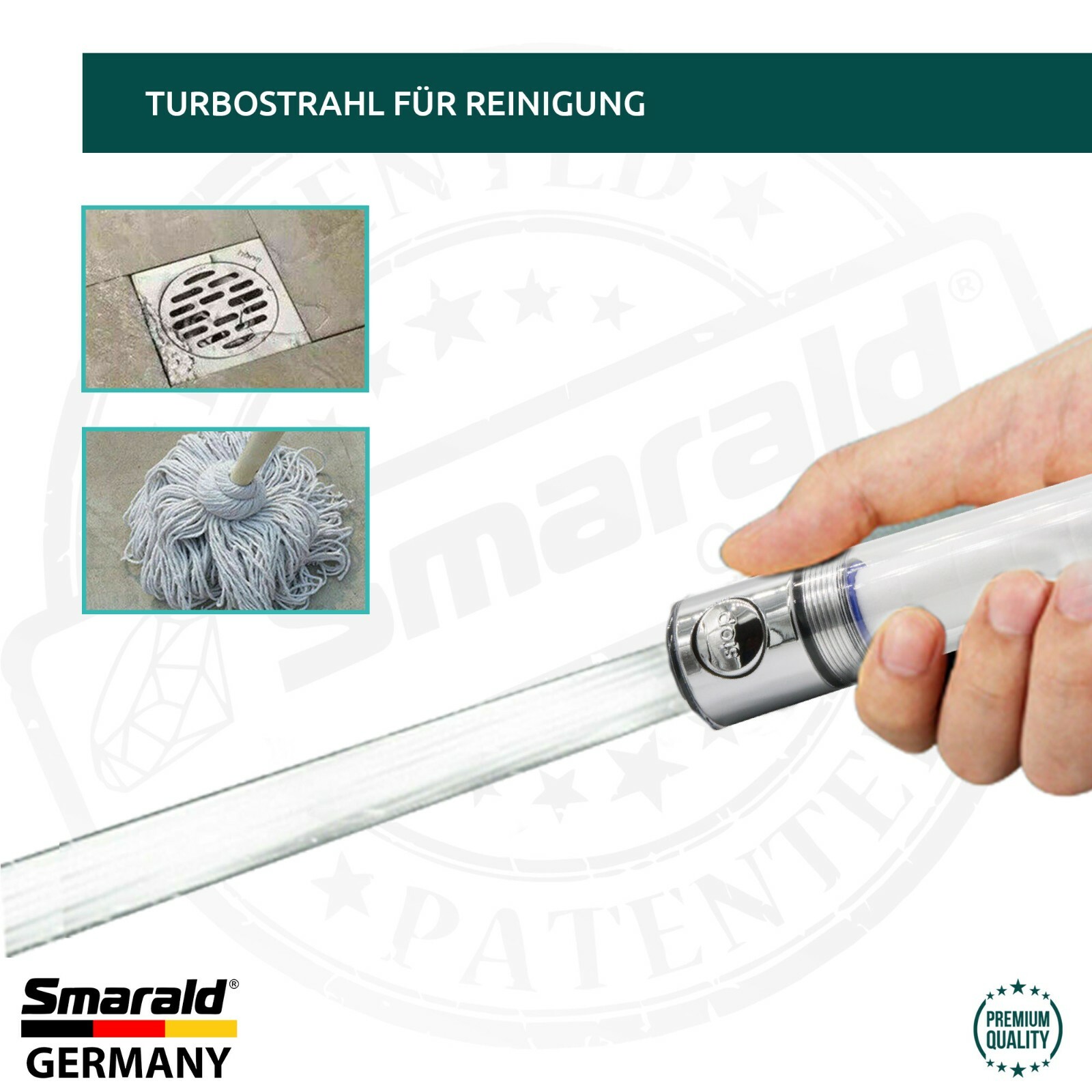 Filter shower head with Aquastop, turbo jet and replaceable filter