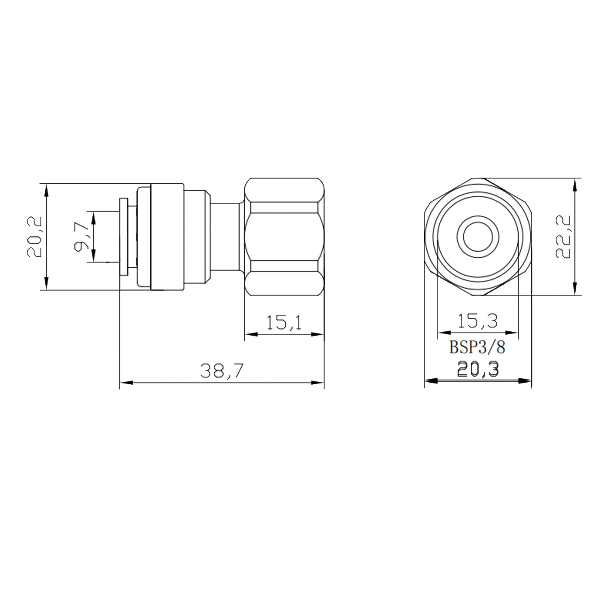 Straight connector with internal thread