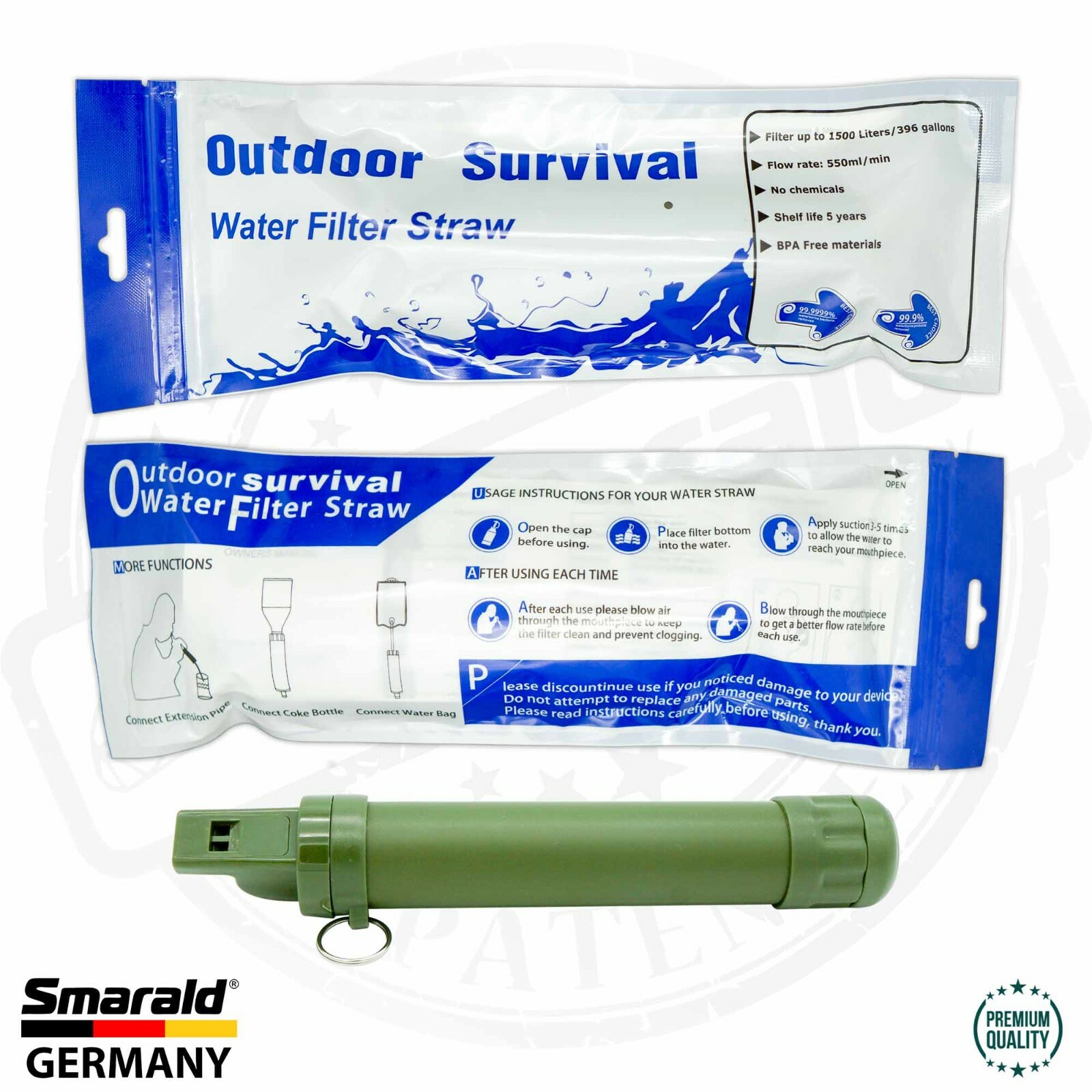 Outdoor-Wasserfilter Trinkhalm mit 0,1 µm Membran, Kompass und Pfeife