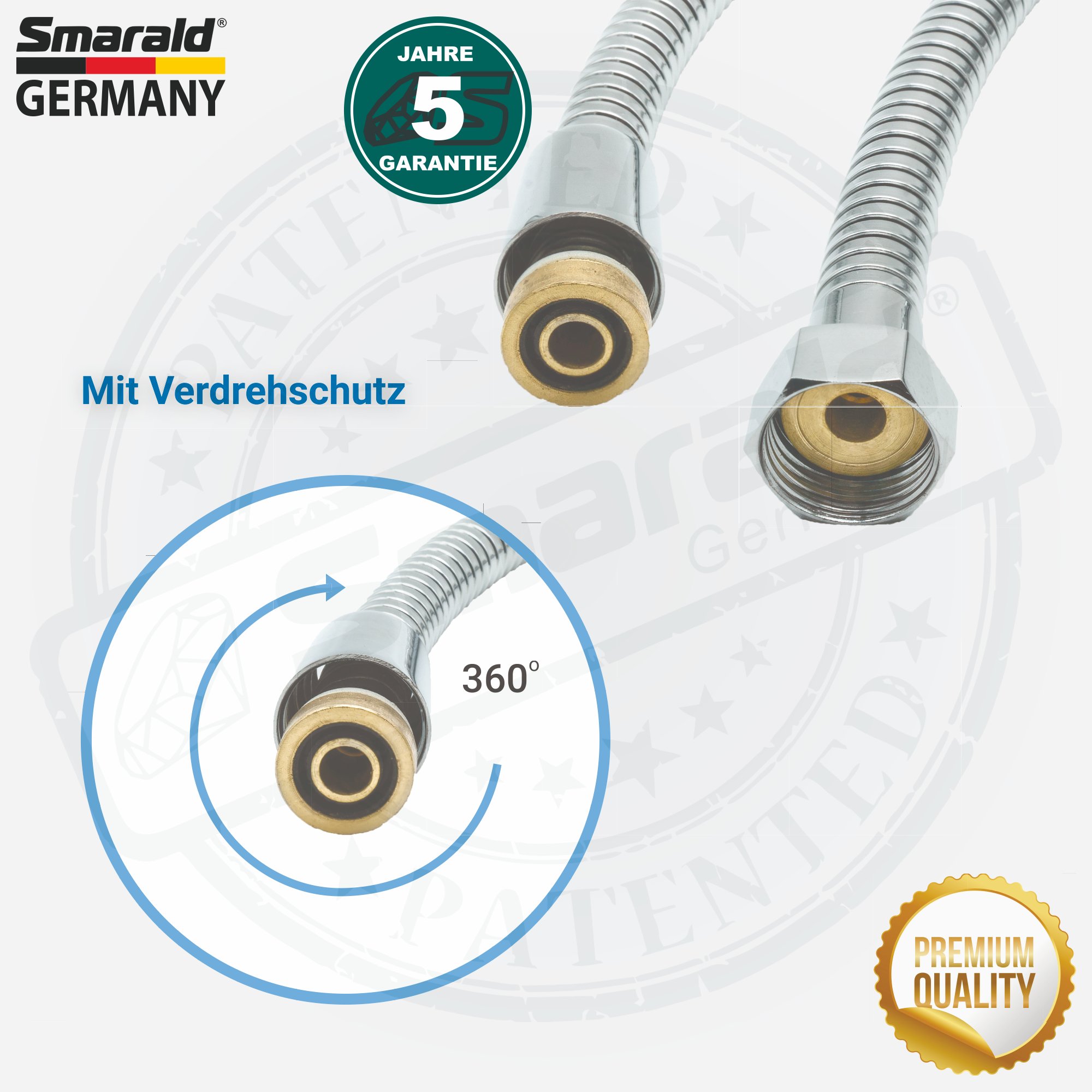 Duschschlauch 2 m. aus Edelstahl Premium Qualität 1/2" (DN 15) mit Verdrehschutz von Smarald® Germany