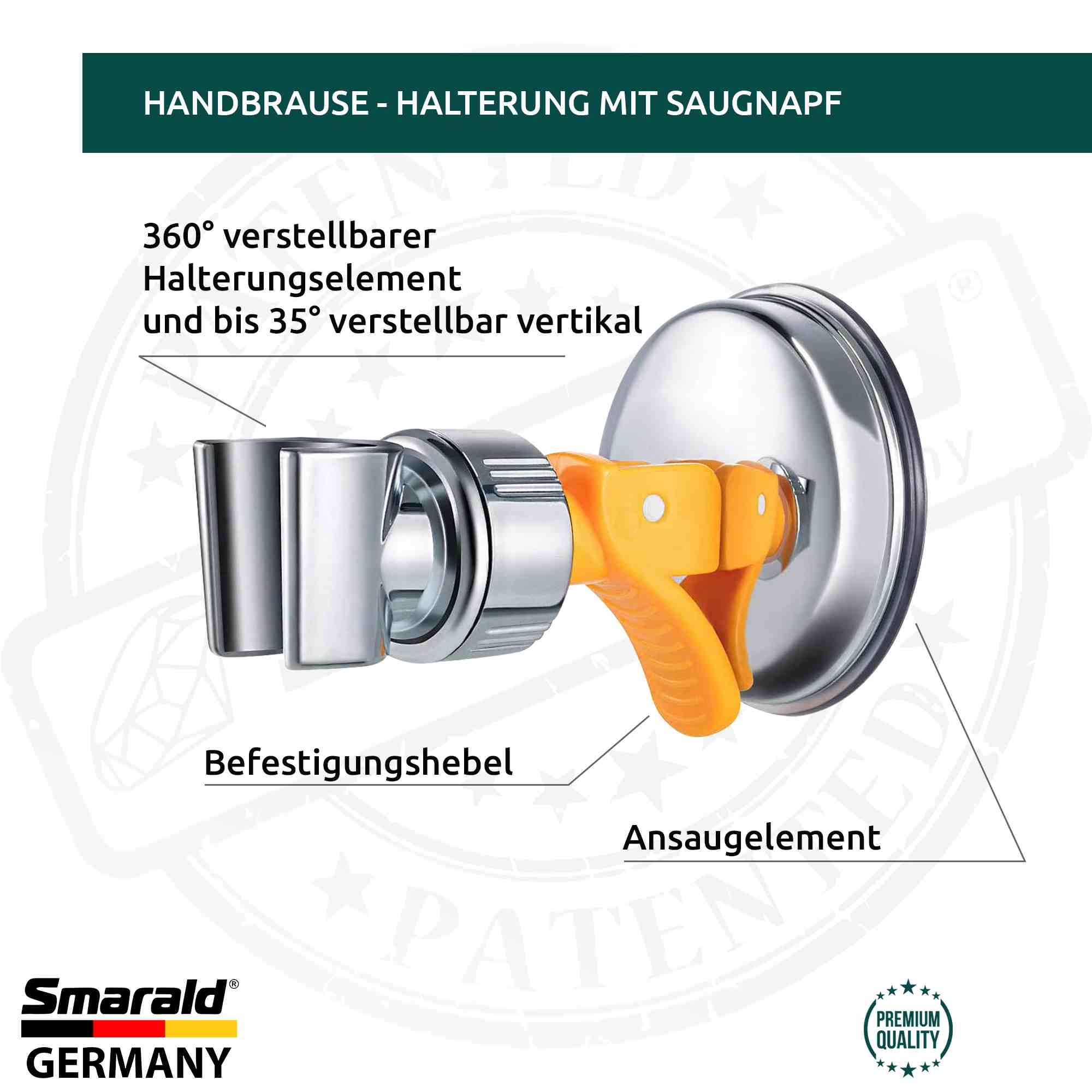 Verstellbarer Handbrausehalterung mit Saugnapf für die Wand mit flexibler Winkeleinstellung um 30° Neigung und 360° drehbarer Brausehalterung