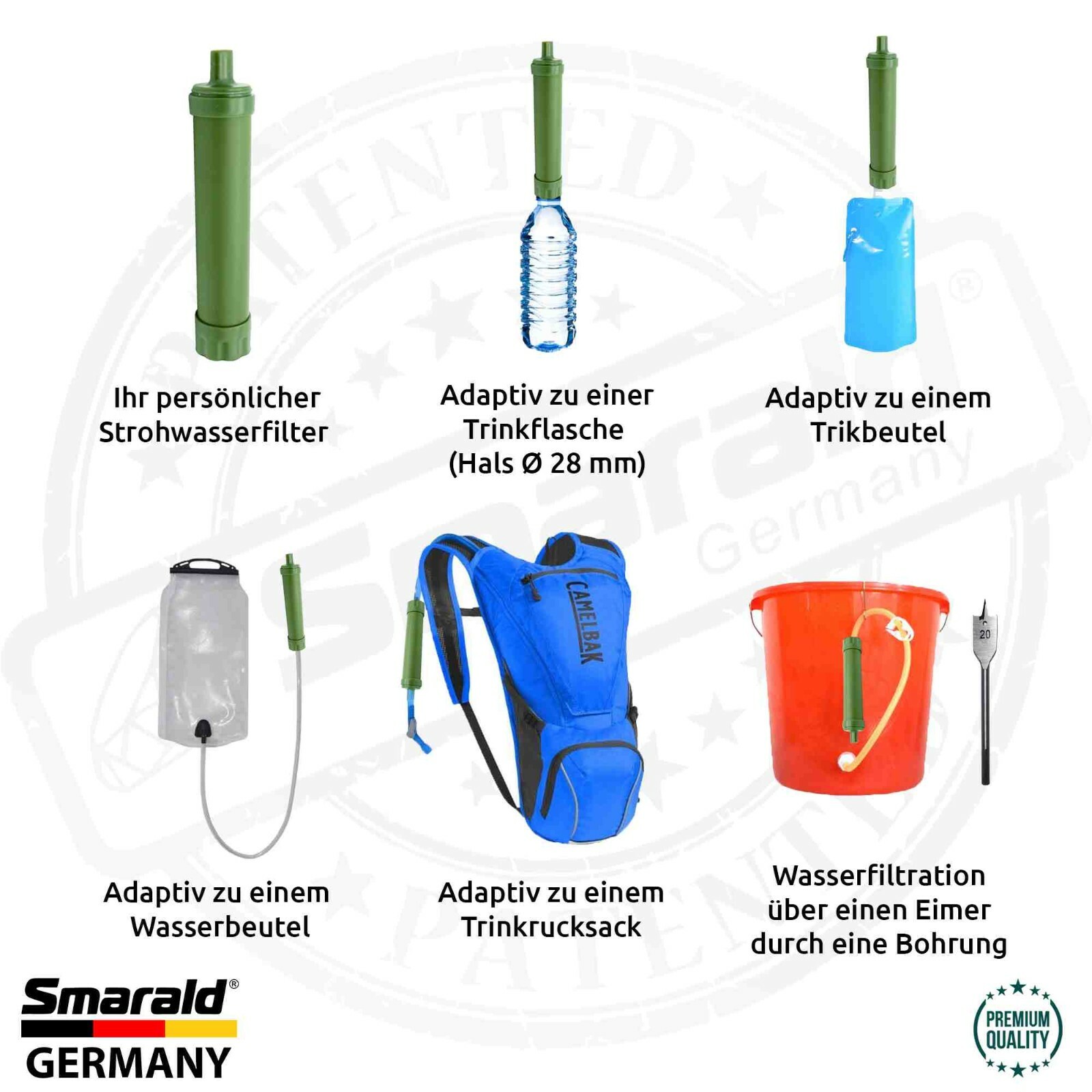 Outdoor-Wasserfilter Trinkhalm mit 0,1 µm Membran, Kompass und Pfeife