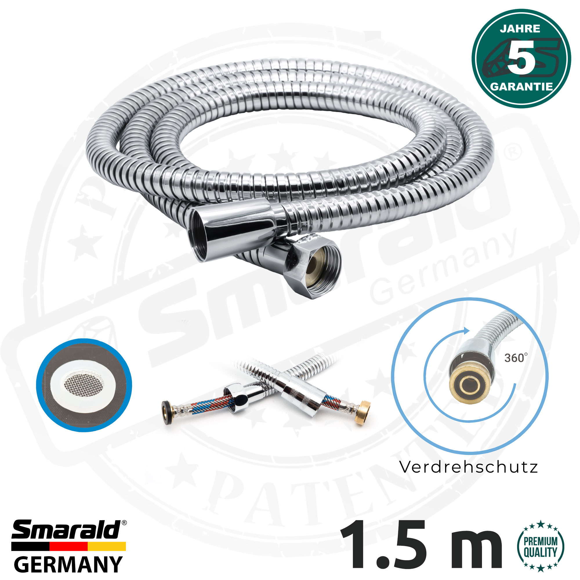 Panzer Duschschlauch 1.5 m. aus Edelstahl Premium Qualität mit Verdrehschutz