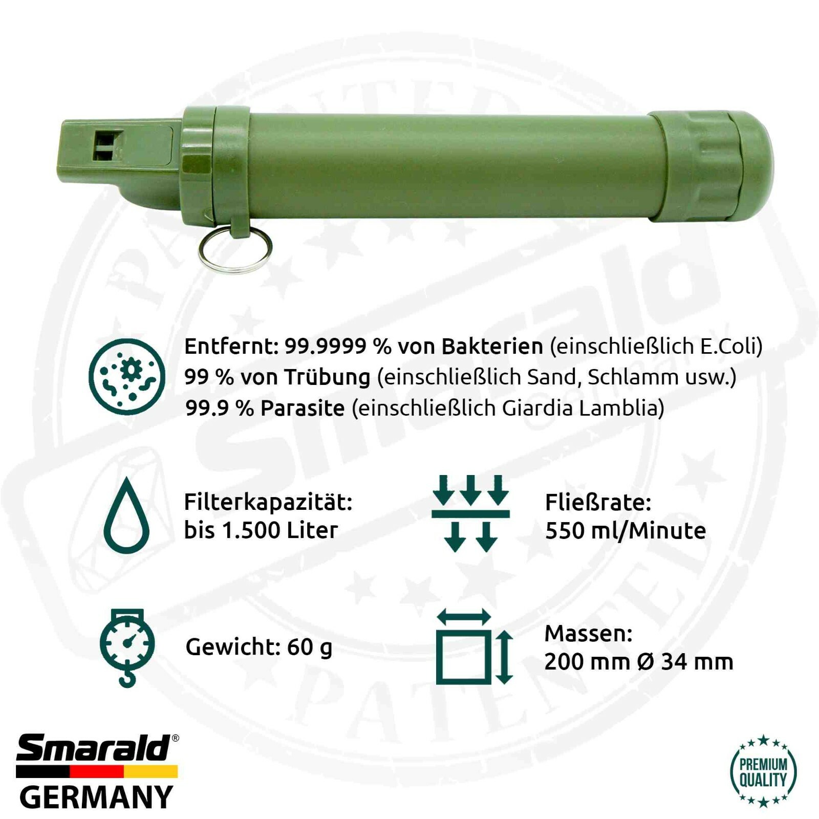 Outdoor-Wasserfilter Trinkhalm mit 0,1 µm Membran, Kompass und Pfeife