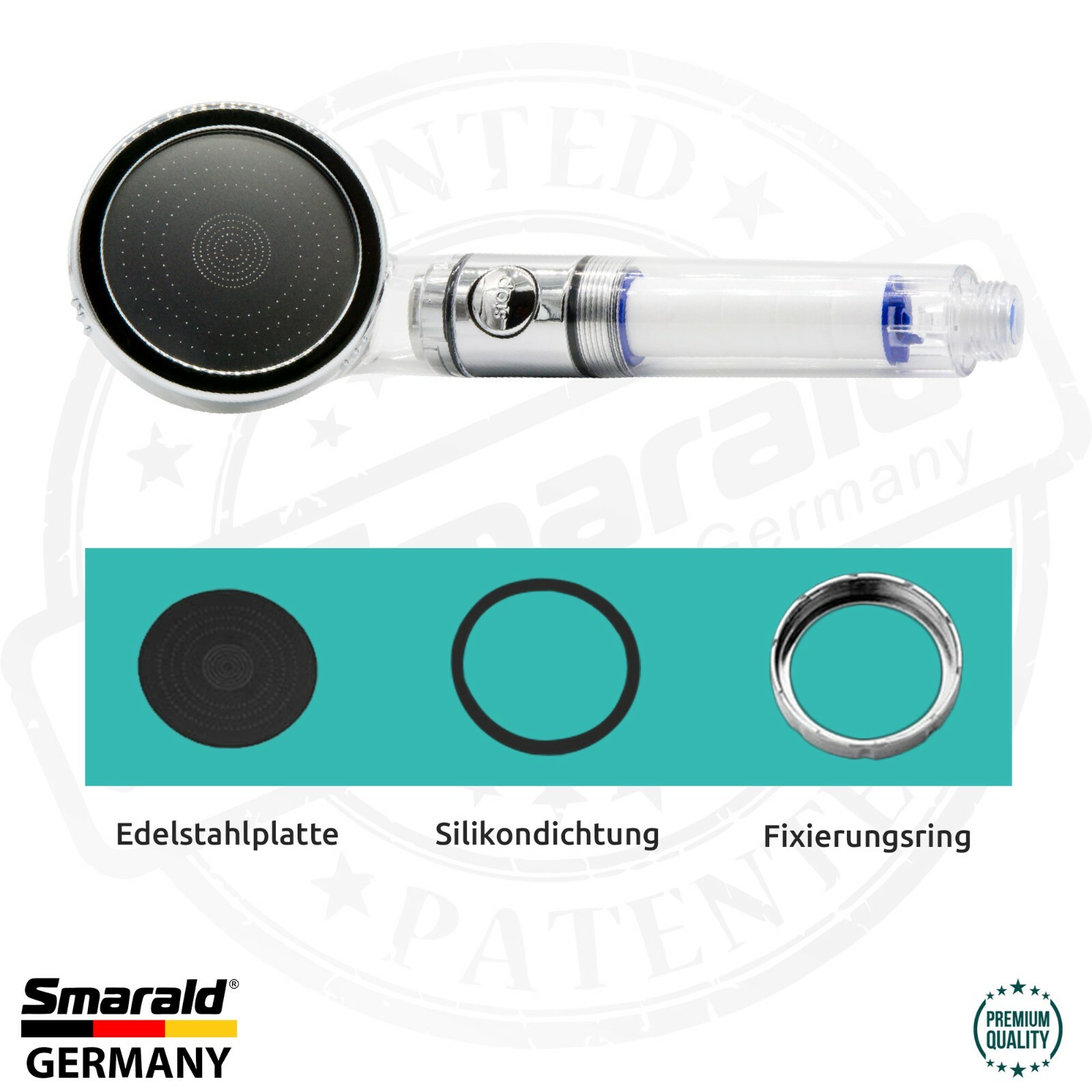 Filter shower head with Aquastop, turbo jet and replaceable filter