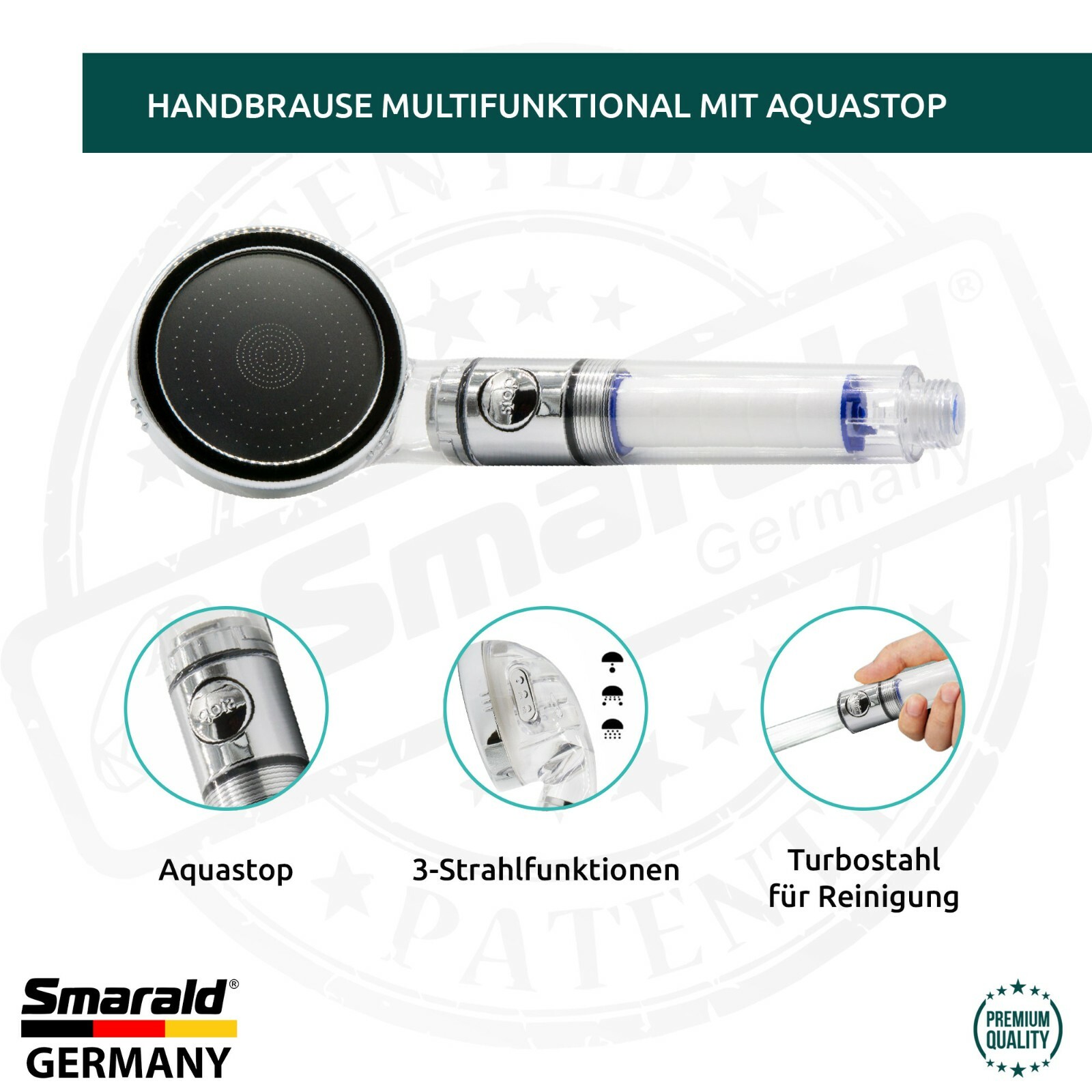 Filter shower head with Aquastop, turbo jet and replaceable filter