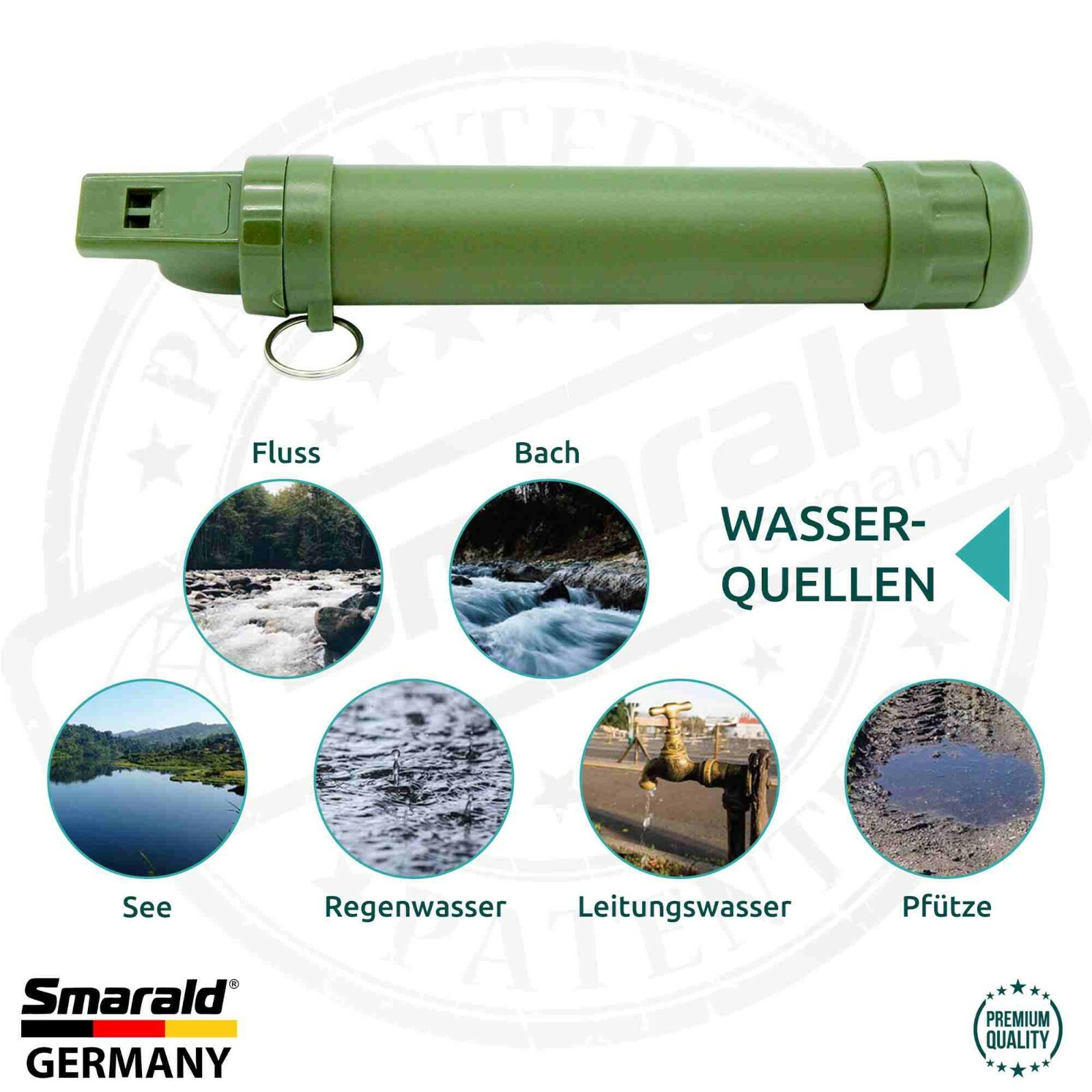 Outdoor-Wasserfilter Trinkhalm mit 0,1 µm Membran, Kompass und Pfeife